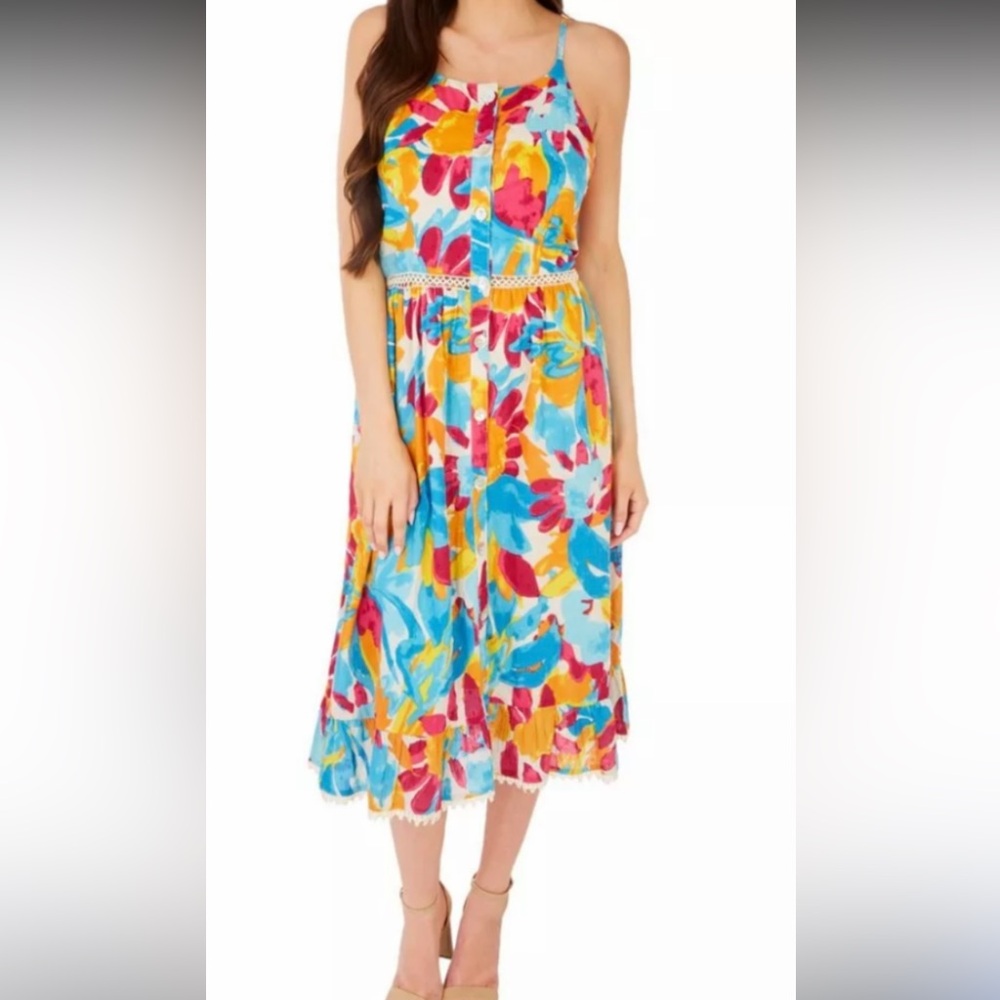 Harlow & Rose colorful festive cotton midi dress Lace Detail ruffle hem Sz 2XL‎